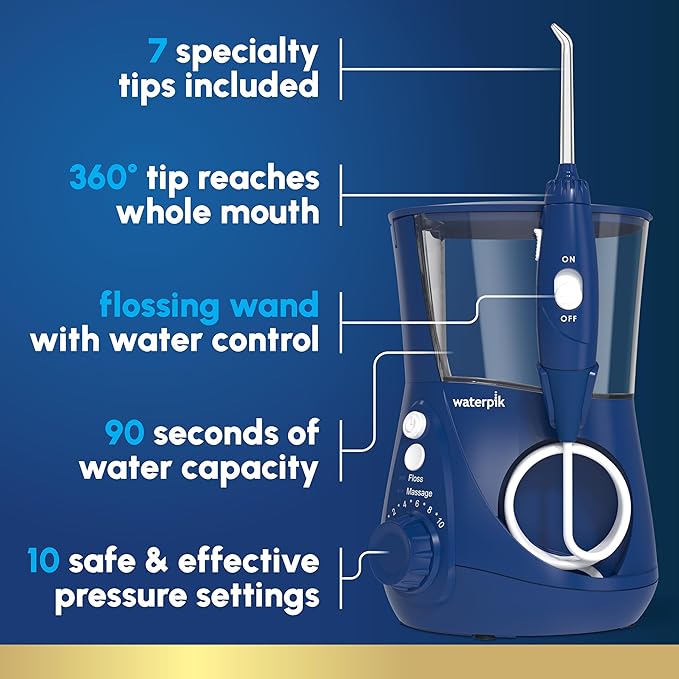 Waterpik Aquarius Water Flosser For Teeth Cleaning Gums Braces Dental Care Electric Power With 10 Settings 7 Tips For Multiple Users And Needs ADA Accepted Blue WP-663 Packaging May Vary