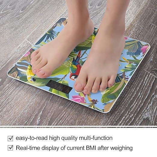 Tropical Plants and Parrots Bathroom Scale for Body Weight with High Precision Large LCD Backlight Display Digital Weighing Scale with BMI Capacity Up to 180kg