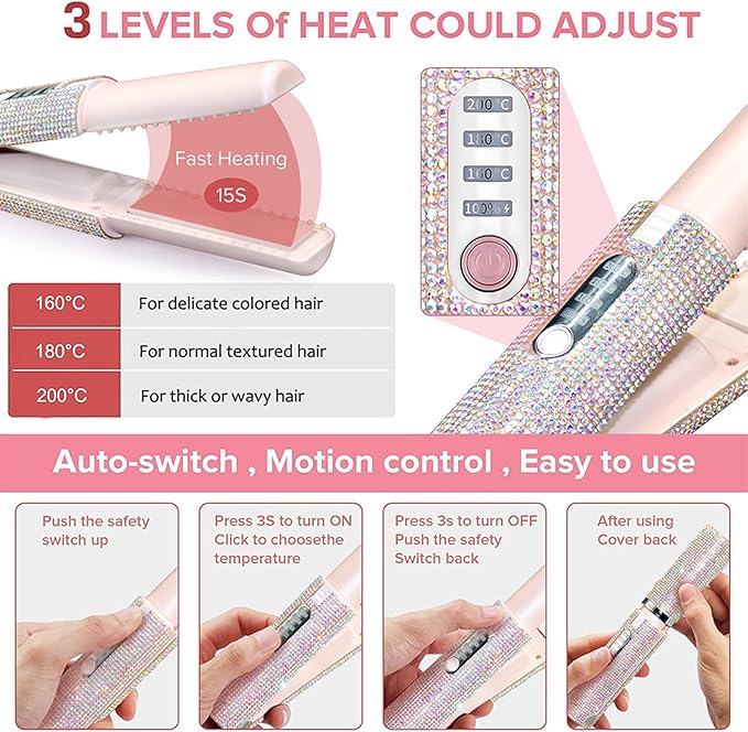 Hair Straightening Iron - Cordless Curler Portable Styler | Rechargeable Flat Tool Compact 2 in 1 Device with Ceramic Plates Professional Travel Accessory for Quick Heating Smooth Hairstyles