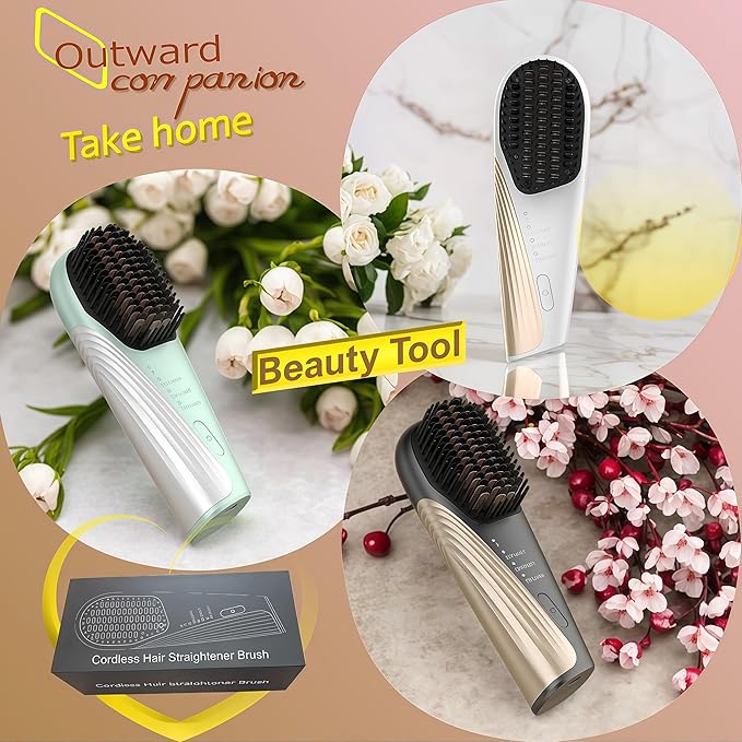 Go Brush Pro Cordless Hair Straightener Brush - Portable Travel-Friendly 30s Quick Heat 10000mAh USB-C Rechargeable 150M Negative Ions (Strai-Grey)