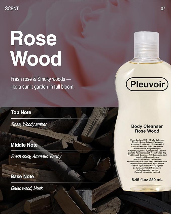 Pleuvoir Body Cleanser Rose Wood - Perfume Body Wash - Fresh Blooming Rose Smoky Woody Scent - Rich Moisturizing Foam with 8 Types Hyaluronic Acid Ceramides - Vegan K-Beauty 8.45 fl.oz