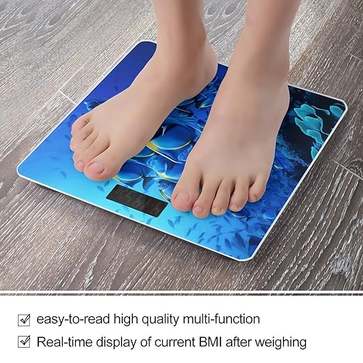 Blue Fishes Ocean Bathroom Scale for Body Weight Bathroom Weighing Scale with Backlit LCD Display Highly Accurate Measures Weight Up to 180kg