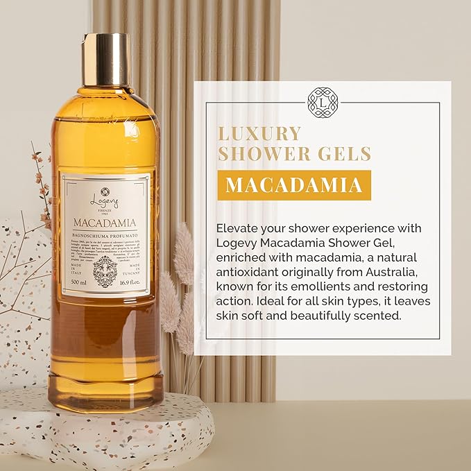 Logevy Macadamia Shower Gel – Indulgent Aroma Made from the Best Skin-Friendly Ingredients Rich in Nutritional Properties for Rejuvenating Hydrating and Soothing Action – 500ml