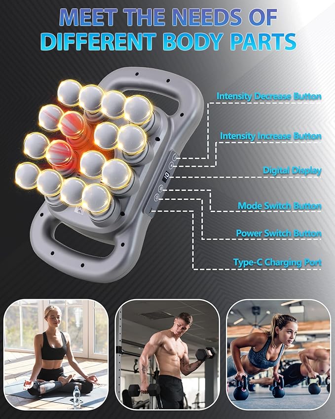16-Head Massage Gun Deep Tissue Percussion Massager with 9 Modes &amp 9 Intensities 2600mAh Battery Back Bassager for Pain Relief Deep Tissue for Muscle Pain Relief in Back Legs Shoulders