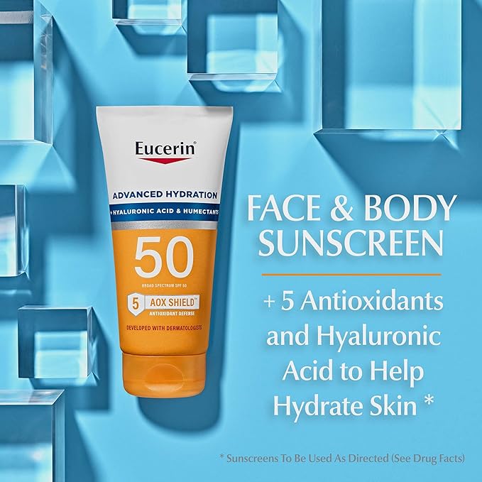 Eucerin Sun Advanced Hydration SPF 50 Sunscreen Lotion (5 Fl Oz) + Age Defense Face Sunscreen Lotion SPF 50 (2.5 Fl Oz) Hypoallergenic and Lightweight Sun Protection with Hyaluronic Acid