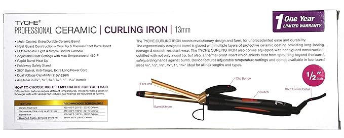 Tyche Professional Ceramic Curling Iron 1/2 inch