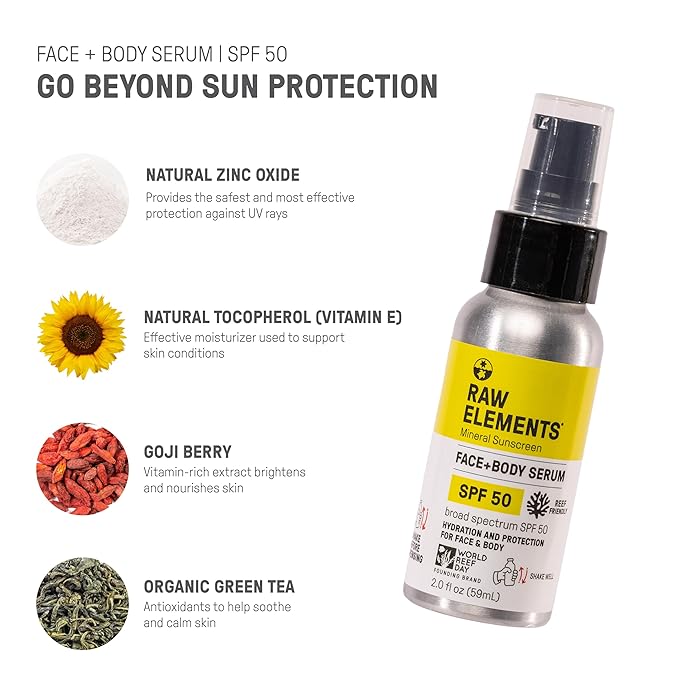 Raw Elements Face + Body Serum SPF 50 All-Natural Mineral Sunscreen - Reef Safe Water Resistant Broad Spectrum UVA/UVB Protection Safe For All Ages Travel Size 2oz (Pack of 2)
