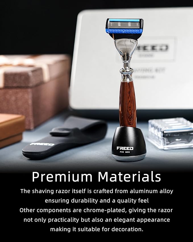 FREED Customized gifts Engraving Shaving Kit - Safety Razor with metal handle include razor base razor travel case and 5 Razor Blade Refillsit's the best gift for men (Purple-Brown)