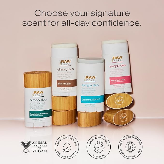 RAW SUGAR Aluminum Free Deodorant Stick Simply Deo Bundle (Pack of 3) Whole Body Deodorant for Women &amp Men Clean Formulated without Aluminum Baking Soda Talc &amp Parabens Beach Rose + Aloe