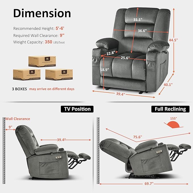 MCombo Oversized Recliner Chair for Big and Tall Zero Gravity Recliner with Massage and Heat USB &amp Type C Ports Cup Holders for Living Room PR671(Grey Oversized)