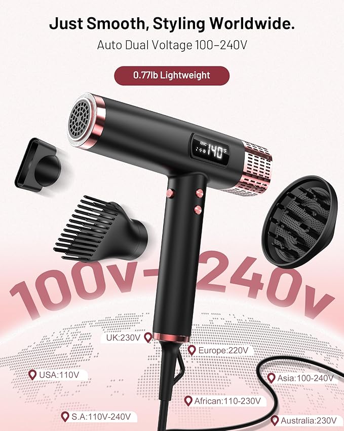 Dual Voltage Ionic Hair Dryer with Diffuser - 1875W High-Speed Blow Dryer for Women Fast Drying No Heat Damage Low Noise Lightweight European Travel 110V-120V/220V-240V Gifts for Women