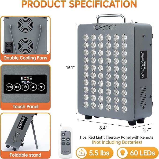 Red Light Therapy for Body 4 Chip LED Light Therapy Panel with Near-Infrared Light 630nm 660nm 850nm 940nm 138W High Power 60 LED Red Infrared Light Device Includes Hanging Kit &amp HandleGrey
