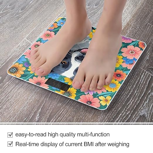 Border Collie Florals Weight Scale Large Digital Bathroom Scales with Bright LED Display Non Slip Digital Scale and Step On Fashion Weighing Machine for Body