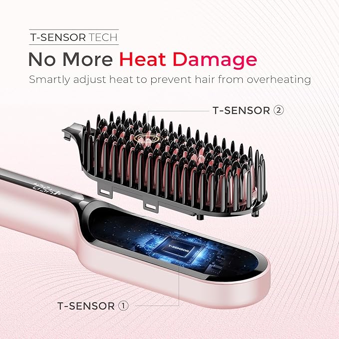 TYMO Hair Straightener Brush Upgraded Ionic Compact Straightening Brush for Women with Wave-Design Bristles Fast Smooth Styling Lightweight Hot Comb &amp Travel Flat Iron 1 Billion Ions Pink