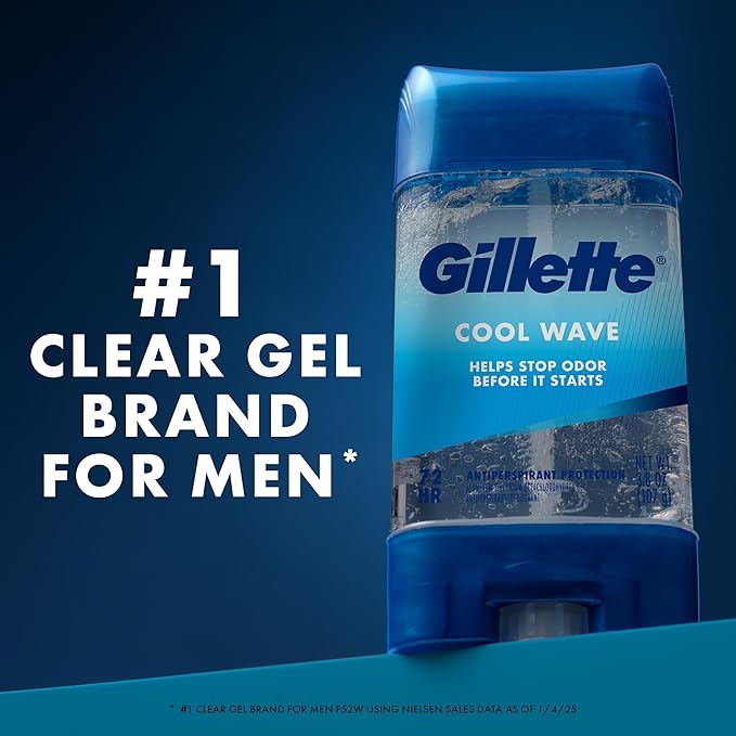 Gillette Antiperspirant and Deodorant for Men 72hr Clinical Strength Sweat &amp Odor Protection Long Lasting Freshness Anti-White Mark Technology Clear Gel Cool Wave Scent 3.8 oz (Pack of 4)