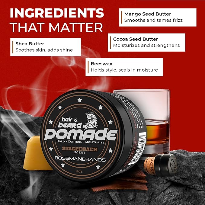 Bossman Hair &amp Beard Pomade for Men (Stagecoach Scent) – Medium Hold &amp Moisturizing for Hair Beard &amp Mustache Styling – Made in USA