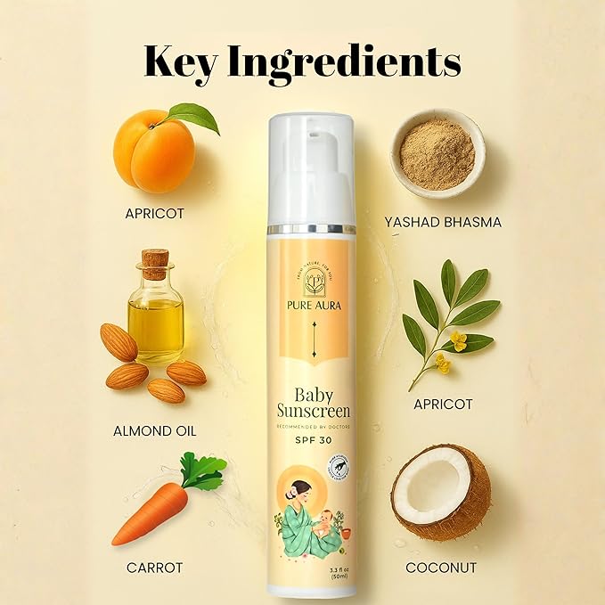 Pure Aura Baby Sunscreen 50 gm | SPF 30 Kids Sunscreen | 100% Mineral &amp Ayurvedic | Chemical-Free | Outdoor Safe | Sensitive Skin Friendly | Doctors Recommended | 6M to 8 Yrs