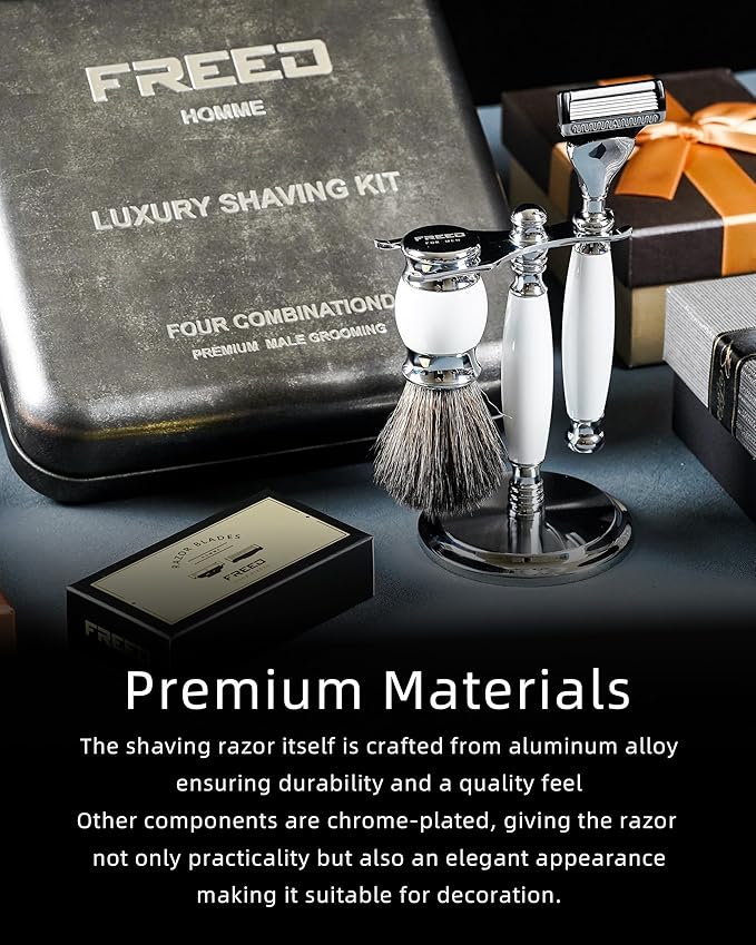 FREED Customized gifts Engraving Luxury Men's 5-Blade Razor set Aluminum Alloy Material incloud 4 Bladesrazor standrazor brushIt's the best gift for men (Pearl White)