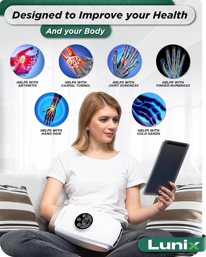 Lunix LX3 FSA Carpal Tunnel &amp Wrist Pain Relief Device Heated Air Compression Hand Massager Machine for Arthritis &amp Finger Numbness Cordless Lunar White