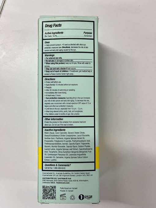 Mineral Face Sunscreen with Non-Nano Zinc Oxide SPF 50 PROTECT ME by FRE Skincare - Reef Safe Water-Resistant No White Cast Facial Moisturizing Cream - Non-Comedogenic &amp Ophthalmologist Tested