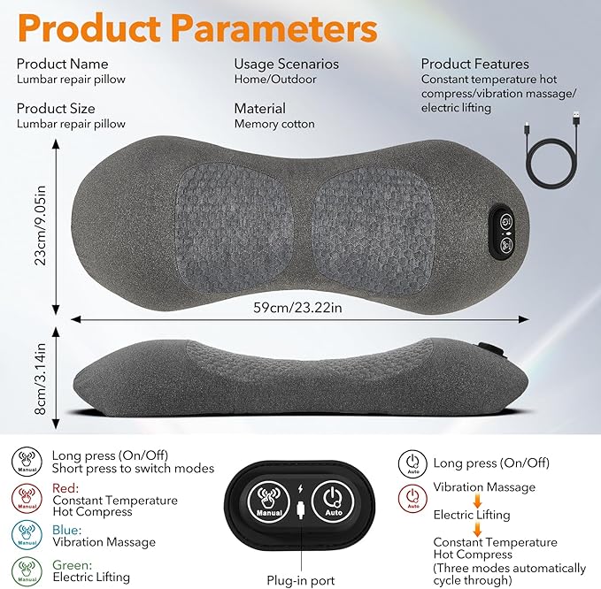 3-in-1 Electric Lumbar Support Pillow for Bed and Chair Smooth Spine Triple Fusion Back Massager with Heated Vibration and Traction for Lower Back Pain Relief and Spine Support