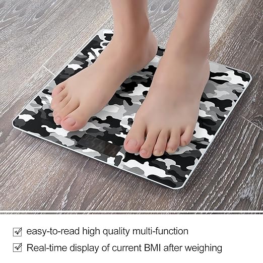 Black Grey White Camo Scale for Body Weight Safe Rounded Corners Tempered Glass Digital Bathroom Scale LED Display 400lb Capacity Weight Scales with High Precision Sensors