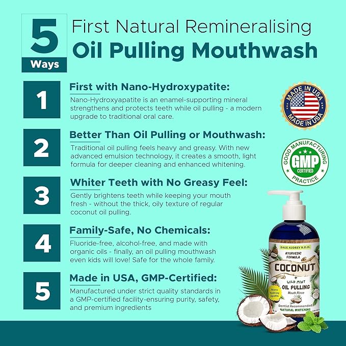 Dale Audrey Nano Hydroxyapatite Mouthwash Oil Pulling for Teeth and Gums | Coconut Flavored Organic Mouthwash for Bad Breath | Essential Oils for Teeth Whitening &amp Fresh Breath Natural Mouthwash 8