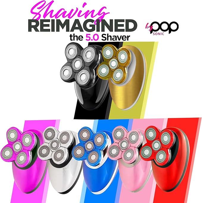 Pop Sonic 5-Head Electric Shaver Kit - Unisex (Black) Shaver for Face Head &amp Body - Smooth Waterproof USB Rechargeable Trimmer with 360-Degree Precision Cut Heads for Men &amp Women