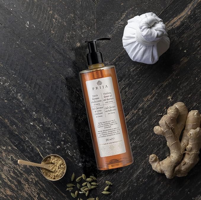 Prija Vitalizing 2 in 1 Shower Gel and Shampoo with Ginseng Extract Hydrating and Energizing Hair and Body Wash Gel with Pump Dispenser Luxurious Shower Gel 5 x 12.85 Fl. Oz
