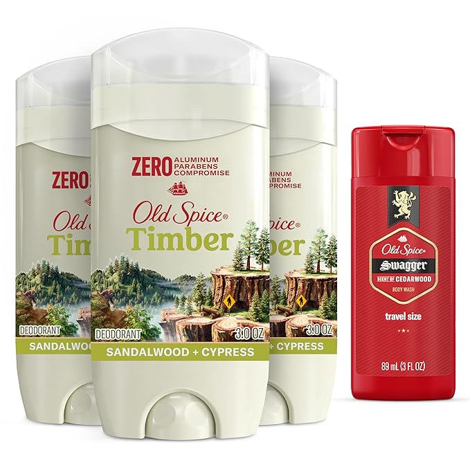 Old Spice Men's Deodorant Aluminum-Free Timber with Sandalwood 3.0oz Pack of 3 with Travel-Size Swagger Body Wash