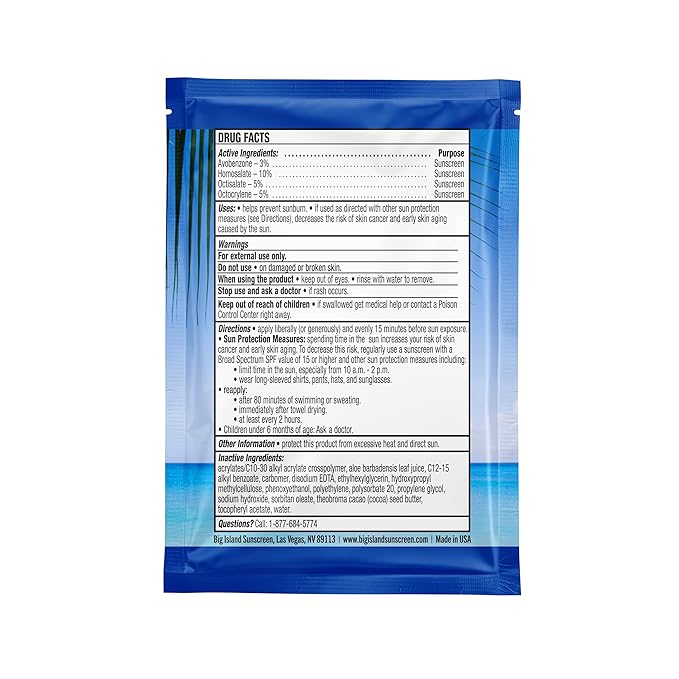 Big Island Sunscreen Single Use Sunscreen Lotion Packets - SPF 50 | Oil Free &amp Paraben Free | Coral Reef Friendly (Octinoxate &amp Oxybenzone Free) | 0.25 oz Individually Wrapped Packets (Box of