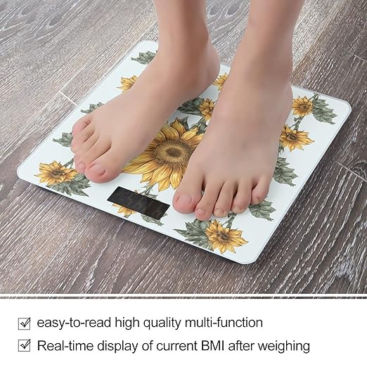 Sunflower Hand Painted Floral Scale for Body Weight Precision Bathroom Weighing Scales with Back Lit LCD Display Sturdy Tempered Glass Body Weight Scales Digital Bathroom Scale 400lb