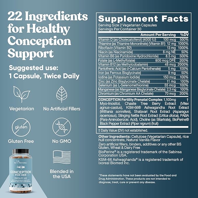 Eu Natural Conception for Her Fertility Supplements for Women - Ovulation Hormonal Balance &amp Regular Cycle Support - Myo-Inositol Folate Shatavari &amp Vitex - 120 Vegetarian Capsules