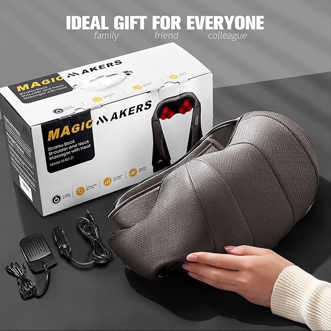 MagicMakers Neck Massager with Heat Gifts for Women Men Dad Mom Family Friend Mothers Day Fathers Day Christmas Shiatsu Kneading Back Massager for Shoulder Pain Relief Muscle Soreness