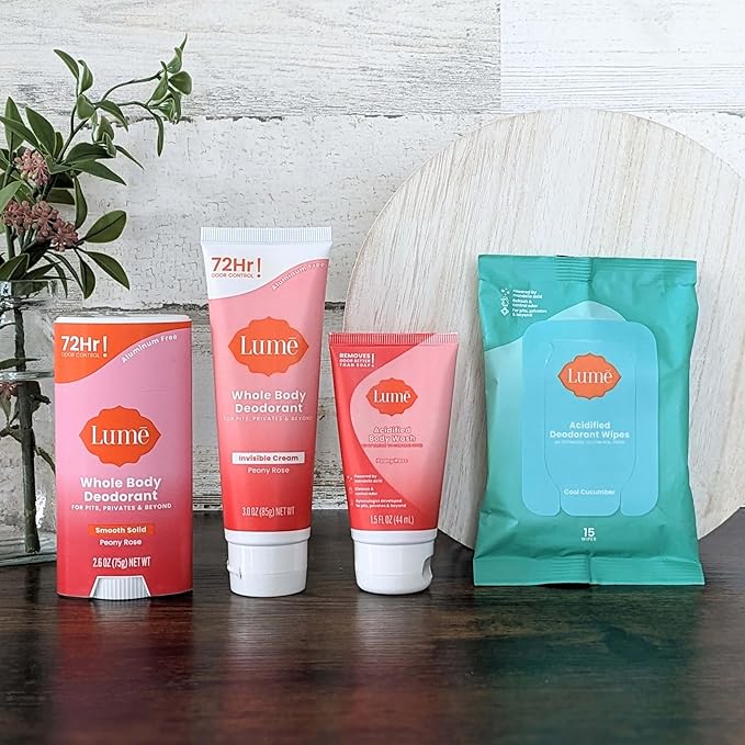 Lume Skin Care Gift Set for Women Whole Body Deodorant Starter Pack - Smooth Solid Stick Invisible Cream Tube Acidified Body Wash Mini &amp Deodorant Wipes - Aluminum Free Odor Control (Peony Rose