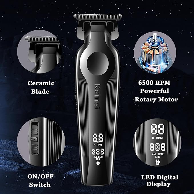 KEMEI Hair Trimmer and Foil Shaver for Men Cordless Hair Clippers Beard Trimmer with T Blade Waterproof Razor Shaver Rechargeable Barber Clippers with LED Display KM-264 Black KM-2024
