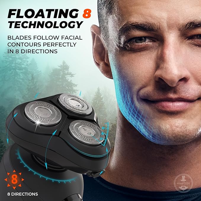 MANECODE® Electric Razor for Men - Shaver with Floating 8 Contouring Technology® and IQ Cleaning Sensor® (Travel Case)