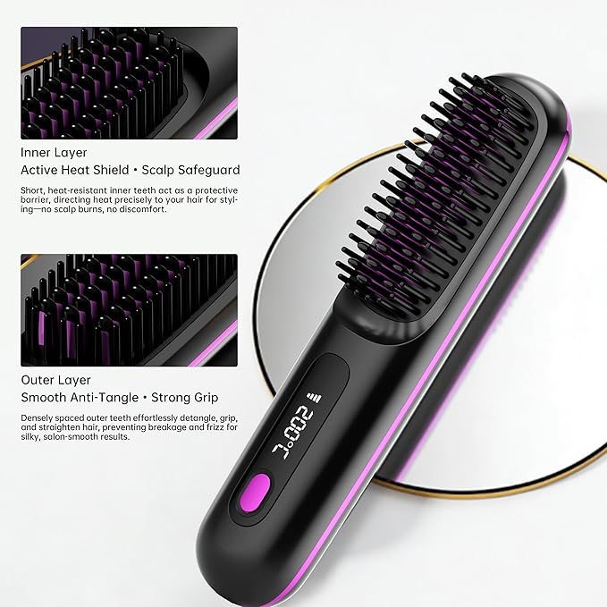 GERY Wireless Hair Straightener Brush Cordless Negative Ion 3 Temp Settings (160℃/180℃/200℃) MCH Fast Heating 4X Longer Battery LED Display Portable for Travel &amp Home (Black)