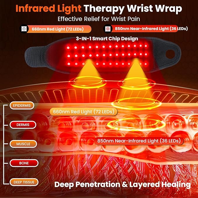 Red Light Therapy Wrist Wrap 36 LEDs with Soothing Heat Rechargeable Therapy Device for Joint &amp Muscle Comfort Black Support Brace with Black Edging