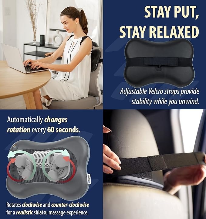 Zyllion Shiatsu Back and Neck Massager with Heat - Cordless Rechargeable 3D Electric Kneading Deep Tissue Massage Pillow for Muscle Pain Relief Black ZMA-13RB