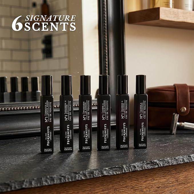 Pecksniff’s Men’s Essentials Fragrance Gift Set – 6x10 ml Eau de Toilette Collection – Luxury Mini Cologne Sampler Designed in England