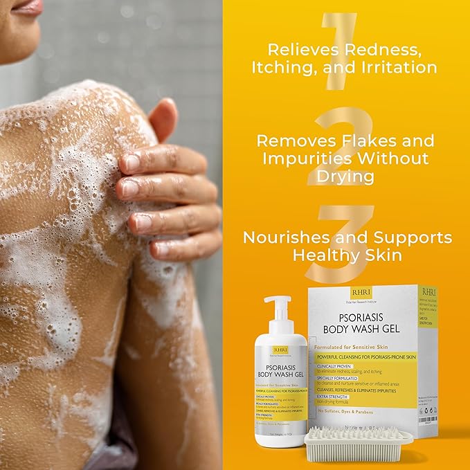 Body Wash | Psoriasis Treatment For Skin | Psoriasis Body Gel | Foaming Cleanser For Dry Itchy Red Flaky Scaly Skin w/Scrubber