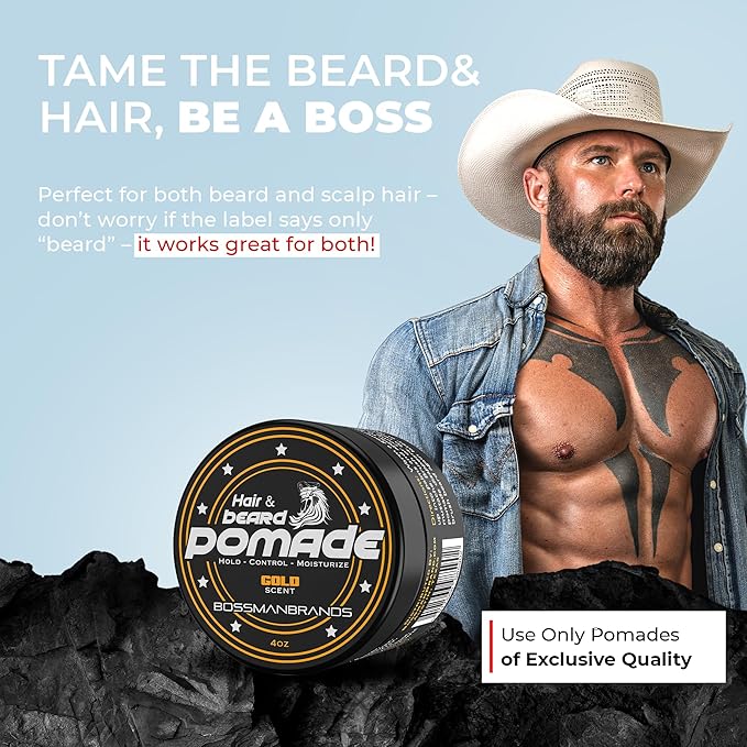 Bossman Hair &amp Beard Pomade for Men (Gold Scent) – Medium Hold &amp Moisturizing for Hair Beard &amp Mustache Styling – Made in USA