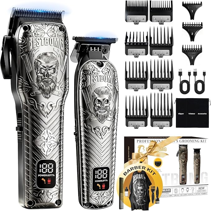 BESTBOMG Professional Cordless Mens Hair Clippers &amp Beard Trimmer Kits &amp SetsMetal Hair Clippers Cutting Grooming Kit with Long Battery Life for Family Barber Use (Gray)