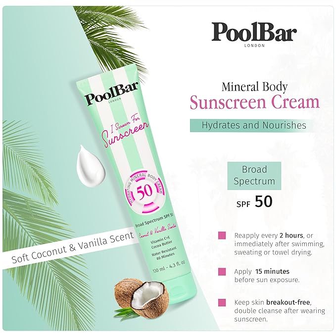 PoolBar SPF 50 Hydrating Mineral Body Sunscreen Cream for Women and Men Skin Care - Coconut Vanilla Scent Sun Care Vegan and Water Resistant Broad Spectrum Sunscreen 130 ml (4.3 Fl. Oz) (Pack of 3)