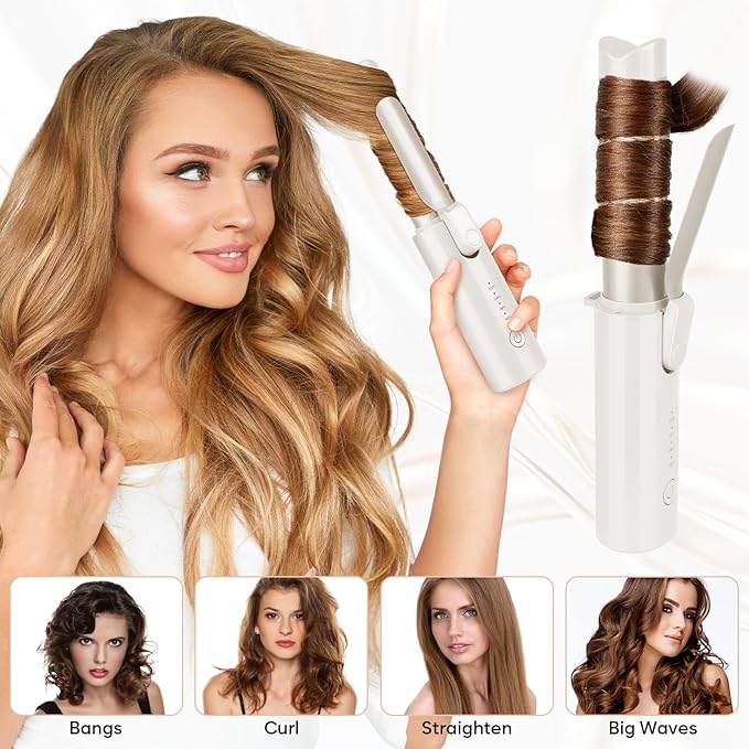 Cordless Curling Iron Brush Mini Travel Hot Straightener Comb Curl Brush Rechargeable 4 Temps Cordless Wand Blush with 200 Million Negative Ions for Curls Straightening Styling (White)