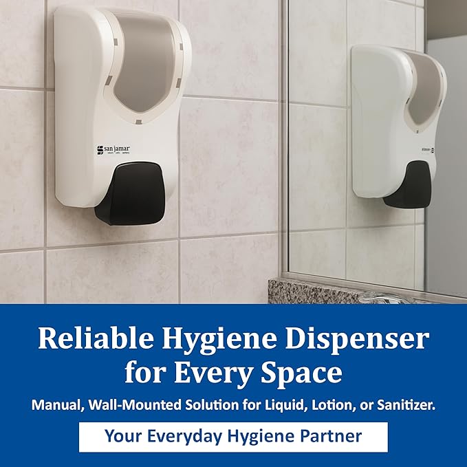 San Jamar Summit Rely Soap &amp Sanitizer Dispenser Manual Wall-Mounted Liquid &amp Lotion Dispensing for Bathroom and Kitchen Plastic 900 mL White