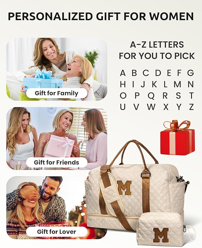 Gifts for Mom-Initial Duffle Bag with Shoe Compartment Personalized Weekender Bag Monogram Overnight Bag Letter Travel Bag with Makeup BagPersonalized Gifts Idea for Women Her (Letter F)