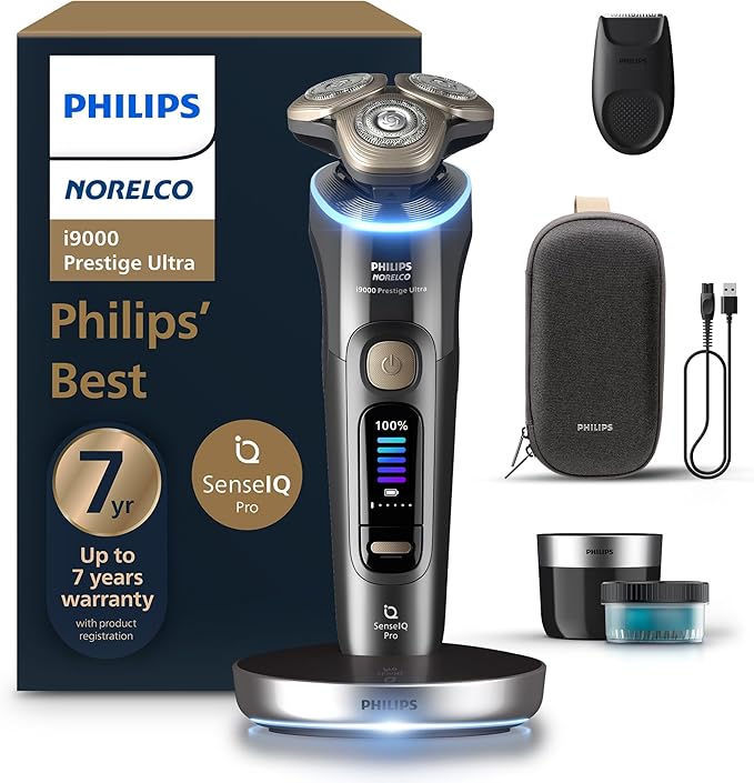 Philips Norelco Shaver i9000 Prestige Ultra Wet &amp Dry Electric Shaver Dark Slate SenseIQ Pro Technology Triple Lift &amp Cut System 360 Rotating NanoTech Precision Blades Quick Clean Pod X