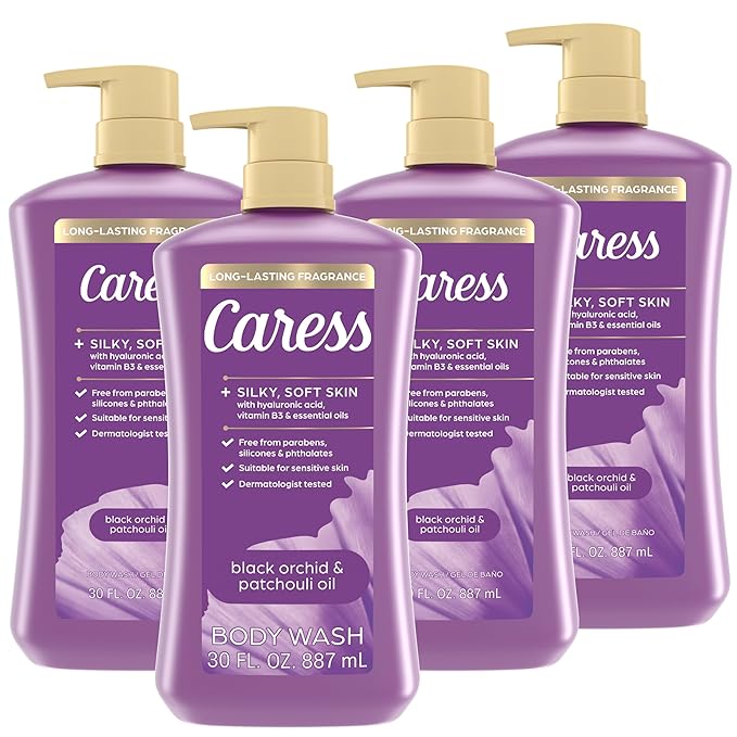 Caress Black Orchid &amp Patchouli Oil Body Wash with Pump Hyaluronic Acid &amp Vitamin B3 for Moisturized Silky Soft Skin Long-Lasting Exotic Fragrance 30 fl oz (4 Pack)